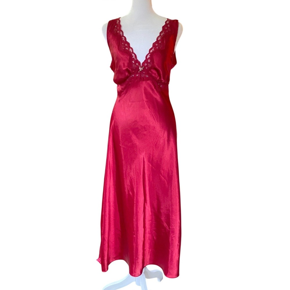 Vintage 1990s Satin Lace Maxi Slip Dress Bias Cut Nightgown Large Red Romantic